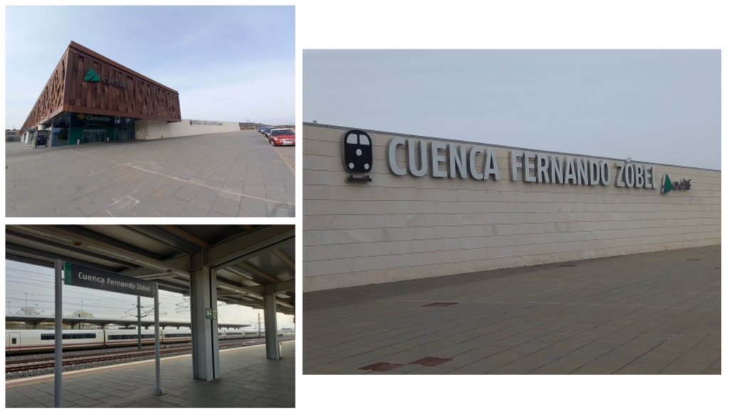 A collage of photos showing Cuenca Fernando Zobel train station.