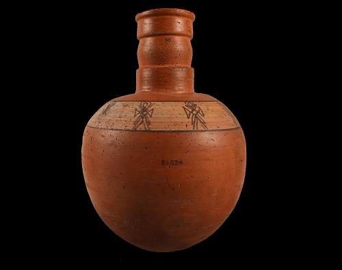 Ceramic wheelmade jar with rounded modelled rim, Exterior decorated with with cream and brown painted decoration