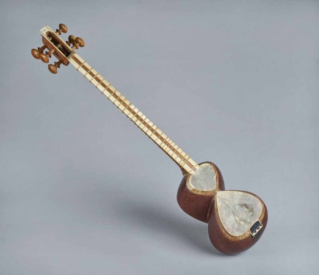 Stringed musical instrument called a tar or long-necked Iranian lute.