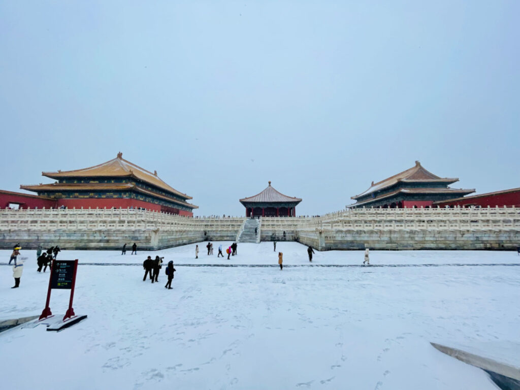 Photograph of the forbidden city in the snow.